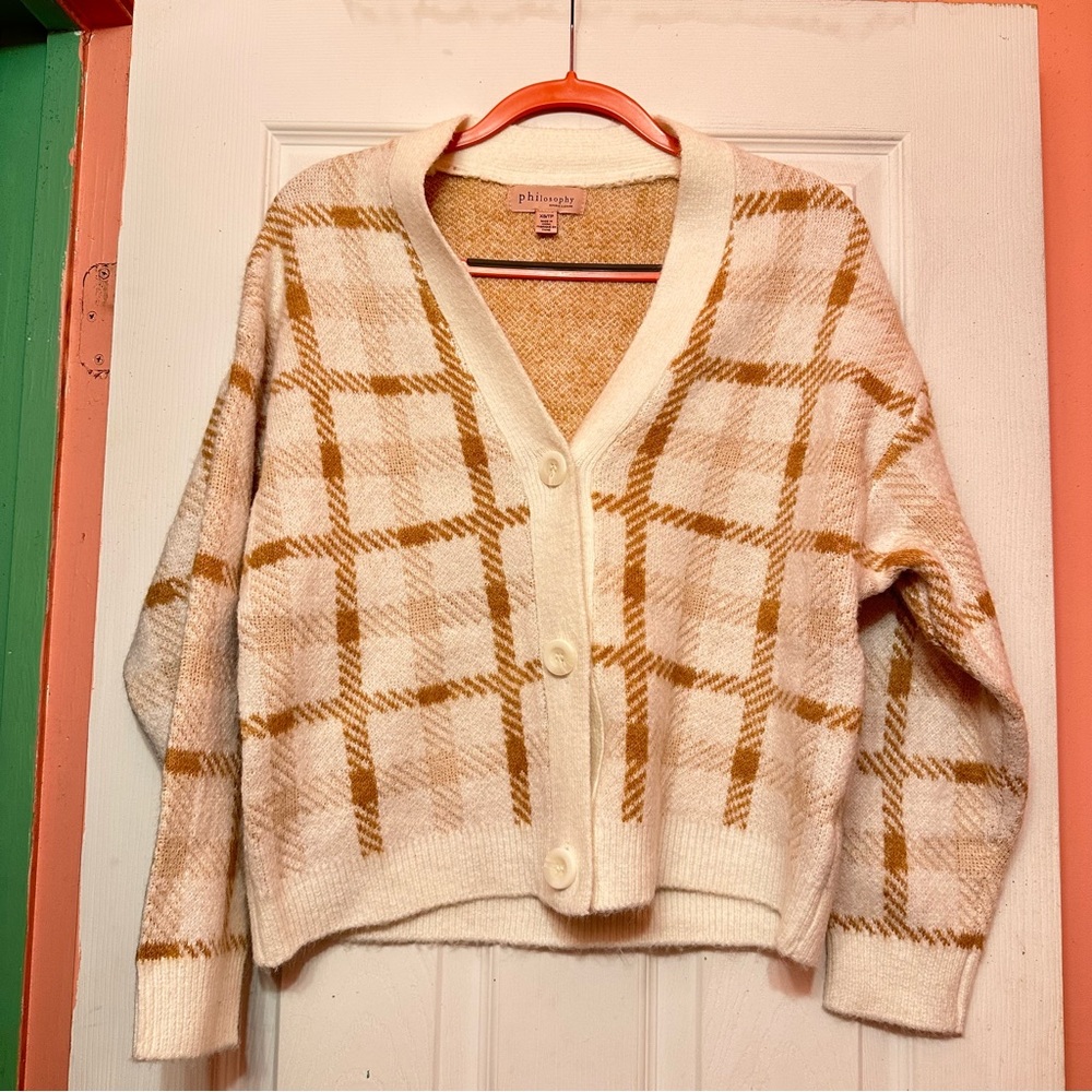 Philosophy White and Tan Plaid Knit Cardigan